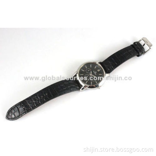 Three-eye Stainless Steel Business Watch with Genuine Leather Band, Chronograph